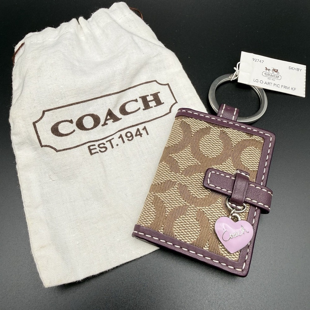 Vintage Coach Tan Signature C Photo Frame Keychain Purple Heart Charm 92747
